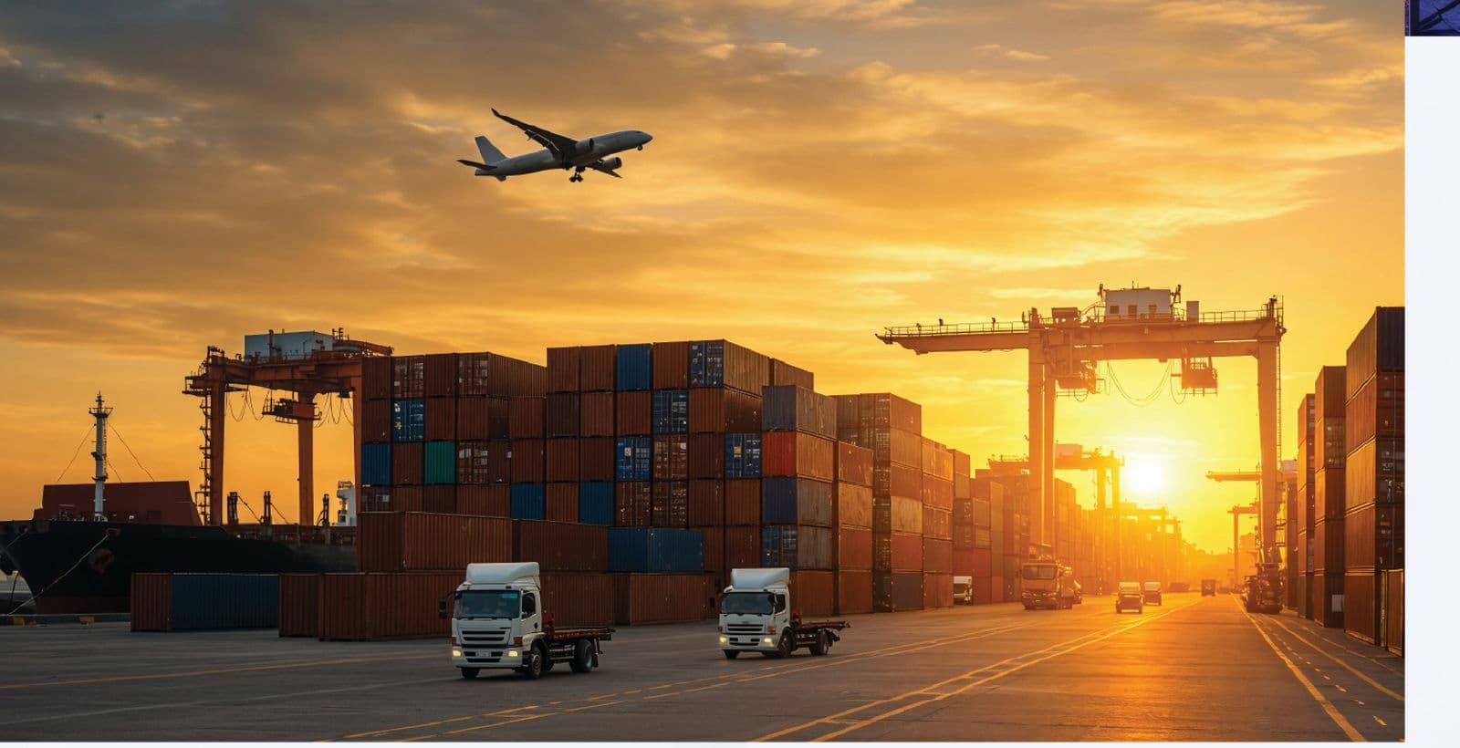 Container port at sunset with gantry cranes and trucks